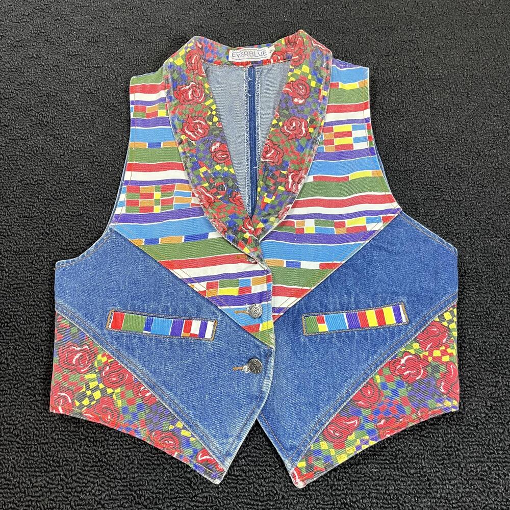 Vintage Eyerblue Vest Womens Medium Denim Patchwork Boho Statement 90s Y2K
